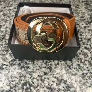 Gucci Tan Gold Belt with Iconic GG Buckle
